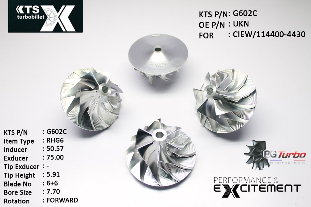 Turbo ROUE FORGÉE MFS PERFORMANCE - 6+6 PALES - INDUCER : 50,57 - EXDUCER : 75 - TYPE : RHG6ANGLE : 55° - ROTATION : Forward - SUPER BACK : 5,3 - BORE SIZE : 7,7
